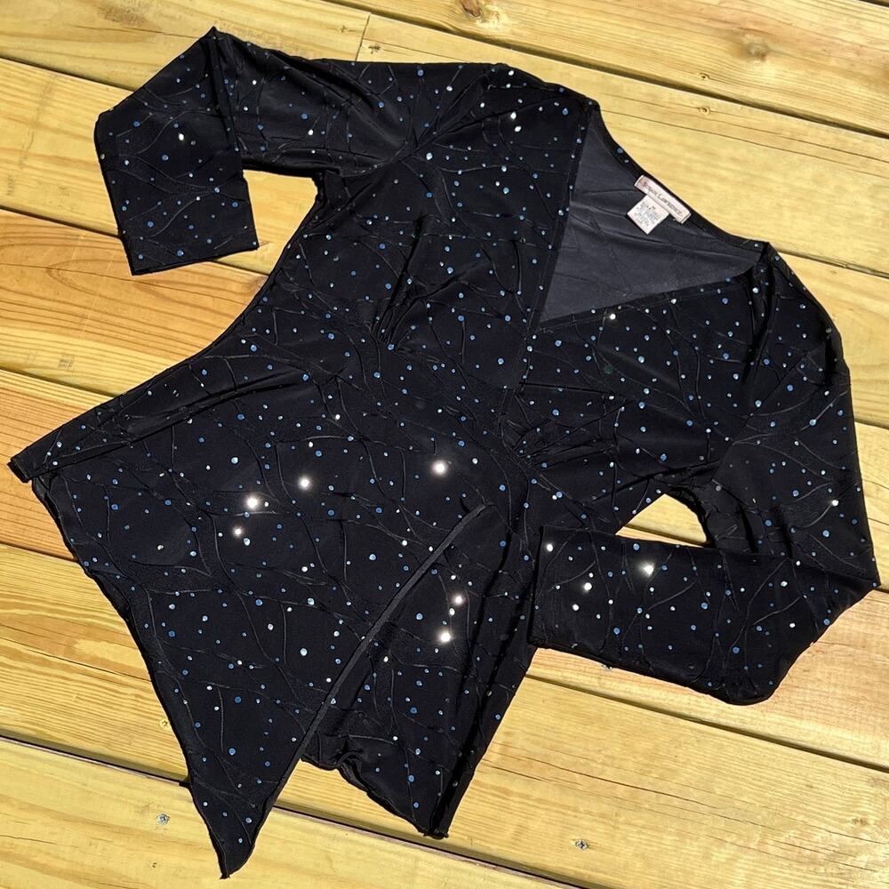 Susan Lawrence Y2K Asymmetrical Babydoll Top M Black Silver Sequins Faux Wrap - Picture 2 of 5